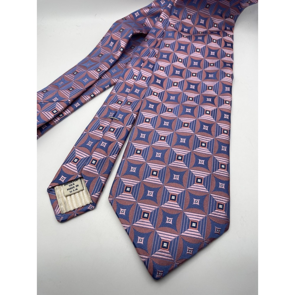 John W. Nordstrom Mens Silk Tie Blue Pink Geometric Square Pattern Made in USA